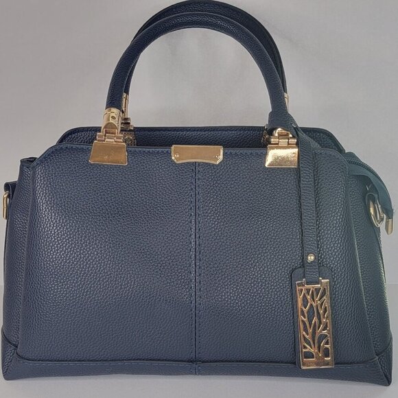 Ladies Pu Leather Top Handle Satchel Handbags Elegant Tote Bag Navy Blue - Picture 2 of 11